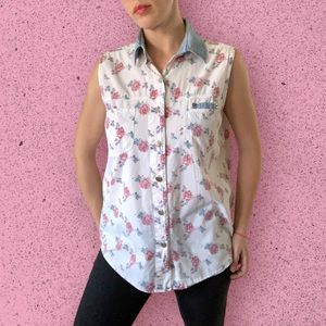 Vintage 1990s Relay the Blues White Sleeveless Rose Floral Top Denim Collar